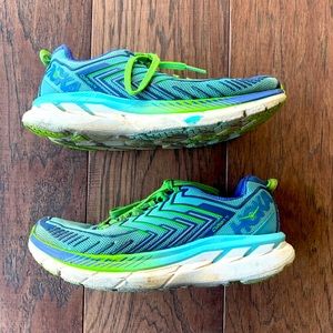 Hoka One One Clifton 4 Blue & Green running sneakers shoes size 7